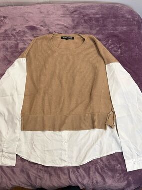 Sew In Love Two-Tone Crewneck Sweater in Tan and White